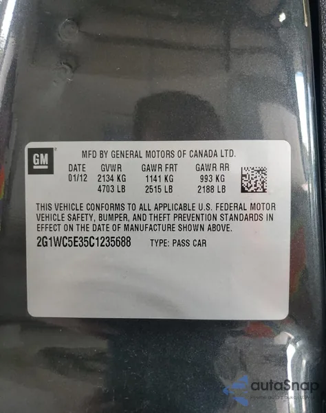 2012 Chevrolet Impala Ltz from USA, damaged, VIN 2G1WC5E35C1235688